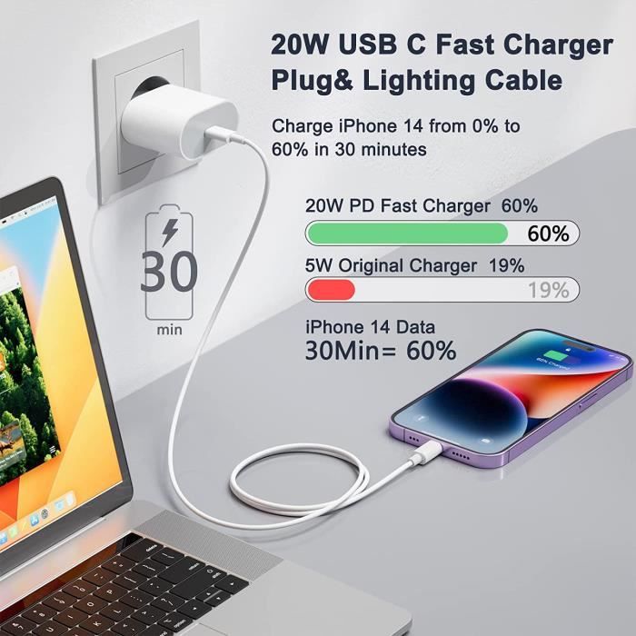 Chargeur Rapide - Apple - iPhone 20W - USB C - Câble 1m - Compatible iPhone 14/13/12/11
