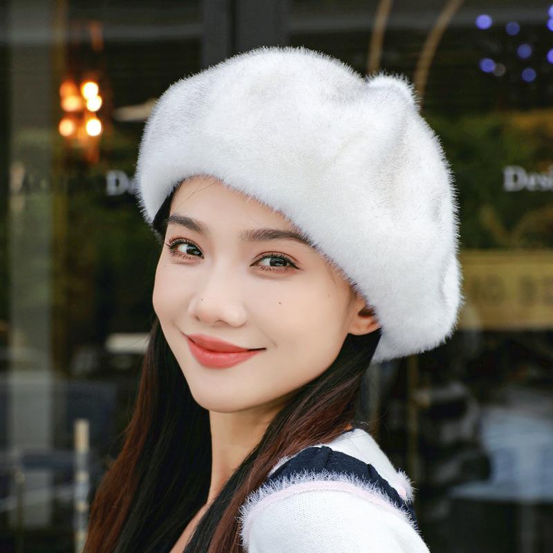 Большая окружность головы, черный берет, женская зимняя новая модная шапка из искусственного меха норки с маленьким бутоном, восьмиугольная шапка