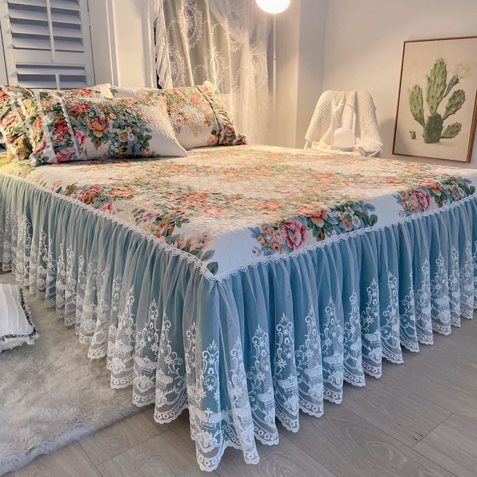 Роскошные американские постельные принадлежности с цветочным принтом, 100% хлопок, стеганые кружевные оборки, юбка-кровать, наматрасник, покрывало, наволочки, скандинавский размер 1/3 шт.