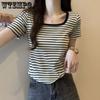 Short Sleeve T-shirt Korean U-Neck Casual Fashion Shirt Tops T Shirt Women Solid Color Striped T-shirt