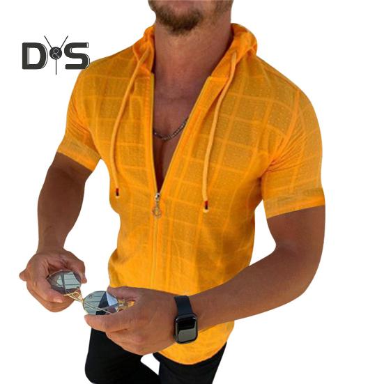 Мужская футболка с капюшоном, короткими рукавами, клетчатая футболка на молнии, повседневный тонкий летний топ для спорта, отдыха на природе, пляжа