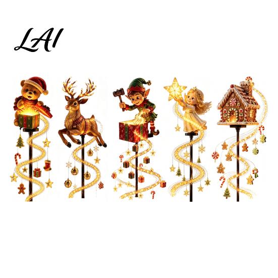 Decorative Pathway Lighting for Yards Solar Christmas Garden Stake Light Cute Gingerbread House/Elf Boy/Bear Outdoor Waterproof Lights Lamp