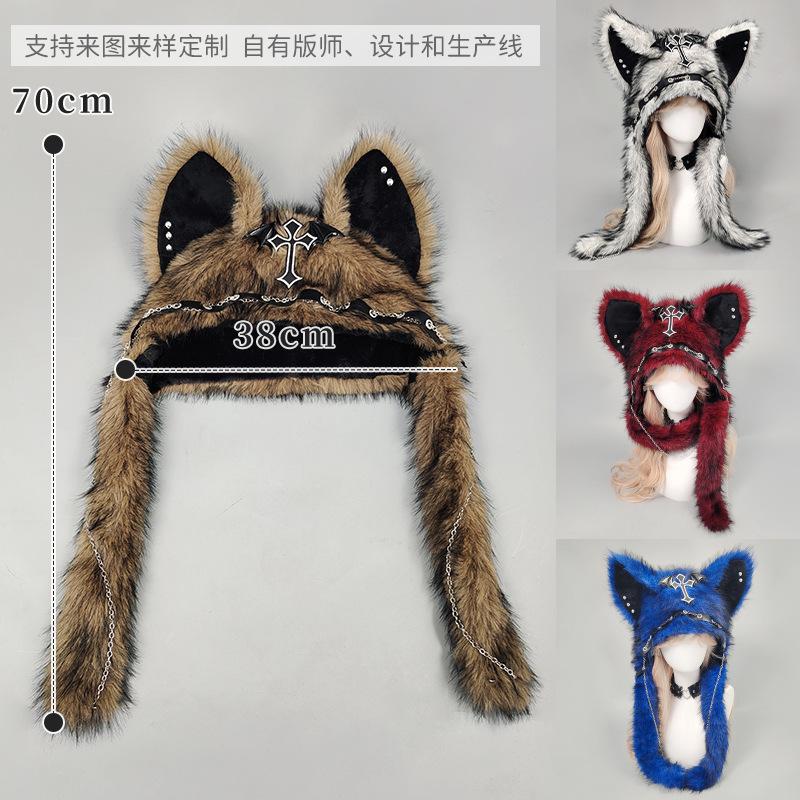 Готическая ручная работа Средневековый крест Пушистая шапка Женская панк Волк Кошачьи уши Плюшевый головной убор Готическая тьма Реквизит для косплея Ветрозащитные Горро
