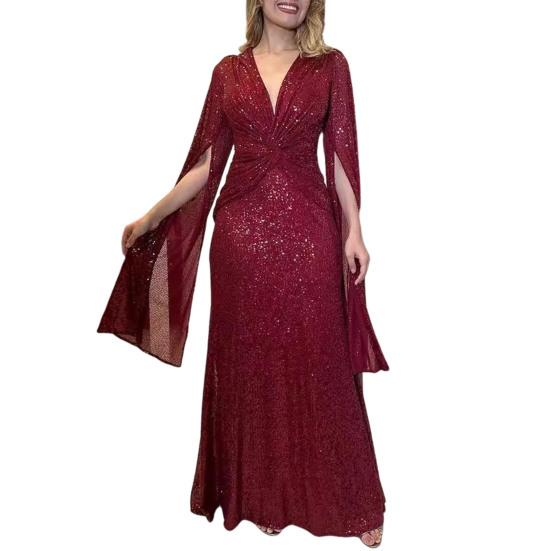 Women's Sequin Prom Dress Long Cape Sleeve Front Twist Knot Maxi Dress Sparkly V Neck Formal Evening Party Wedding Gown
