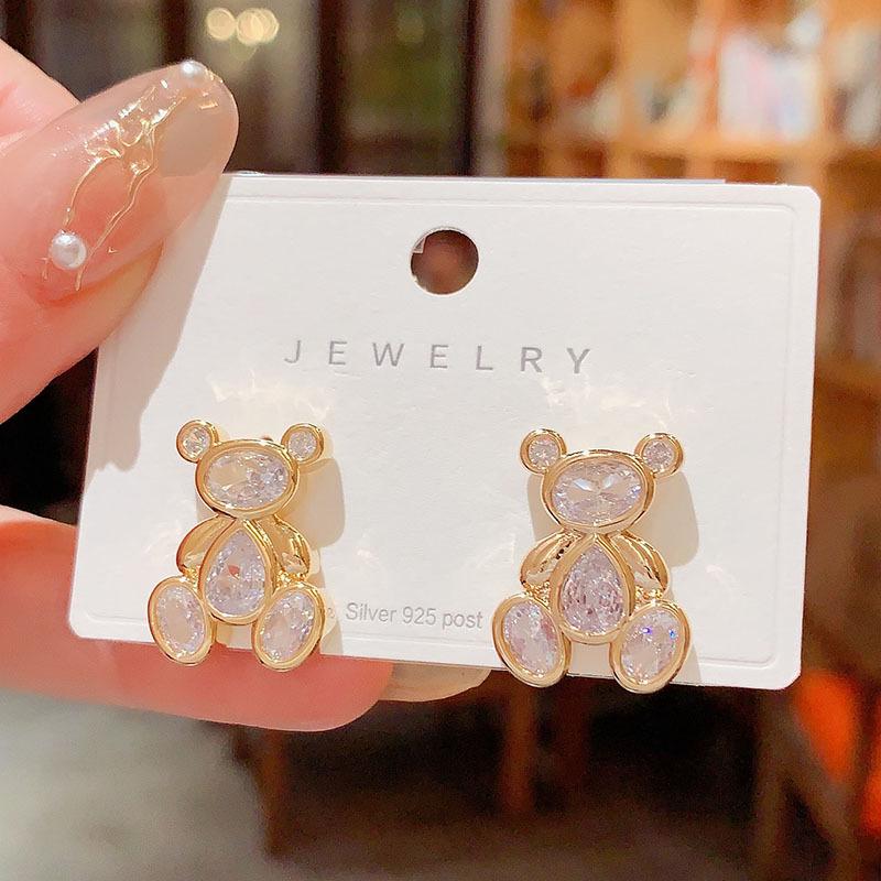 Chic Korean Zircon Teddy Bear Stud Earrings for Women - Fashionable, Trendy, Influencer Style with Silver Needle.