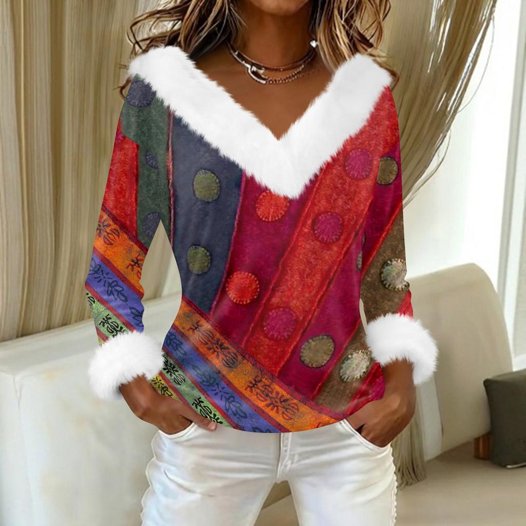 Women's T Shirt Tee Print Shirt Long Sleeve Party Fleece Collar V Neck Top