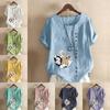 Women's Fashion Round Neck Short Sleeve T-shirt Casual Cotton Linen Graphic Shirt Leisure Loose Cartoon Figure Prined Summer Blouse Tops