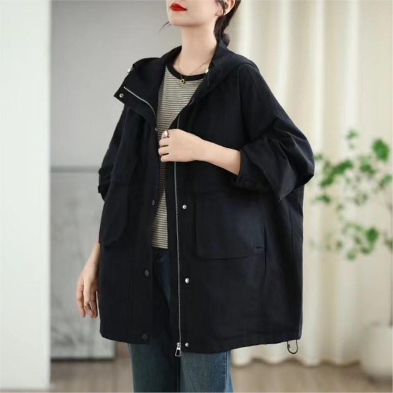 Johnature Woman Autumn Solid Color Hooded Drawstring Long Sleeves Coat Loose Casual Splicing Zipper Coat