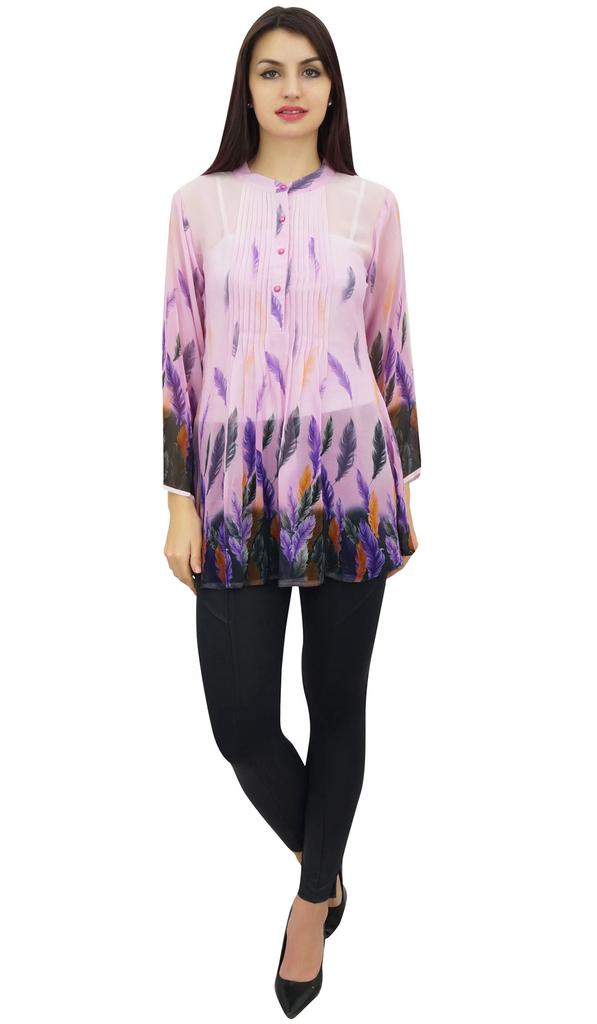 Phagun Pintucks Button Digital Leaf Printed Pink Long Sleeve Loose Tunic