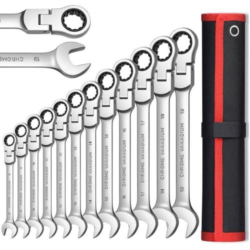 Korekaou Flex Ratchet Wrench, 8/9/10/11/12/13/14/15/16/17/18/19mm, Dual-Use Head, 180 Adjustable Angle, Swivel Ratchet, Storage Pouch Included (12-Pi