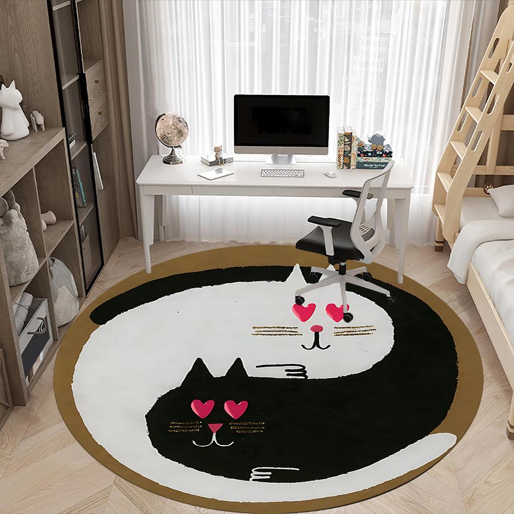 1pc Cats YinYang Office Round Area Rug, Indoor Mat Suitable ForOffice, Under Office Chairs Bedroom Living Room Home Decor, Room Deco 106