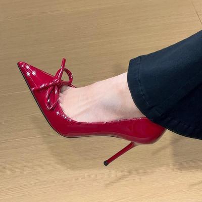 Бордовый бант Французские высокие каблуки женские лакированная кожа темперамент мелкий вырез острый носок тонкий каблук туфли-лодочки нежный вечерний бриз новый