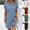 Summer Women Dress V Neck Button Short Sleeves Loose Solid Color Pullover Casual Daily Wear Mini Dress