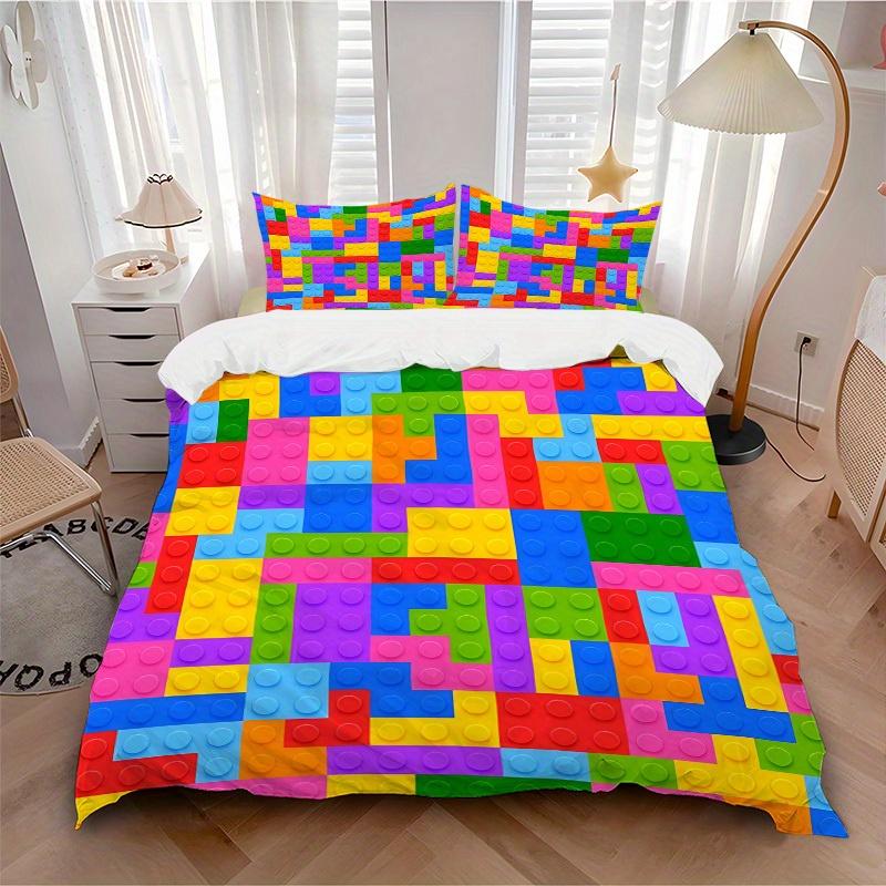 3pcs set Building block jigsaw puzzle 1 Quilt Cover + 2 Pillowcases, All Seasons Bedroom Setting, Perfect for Home and Dorm Decor a195