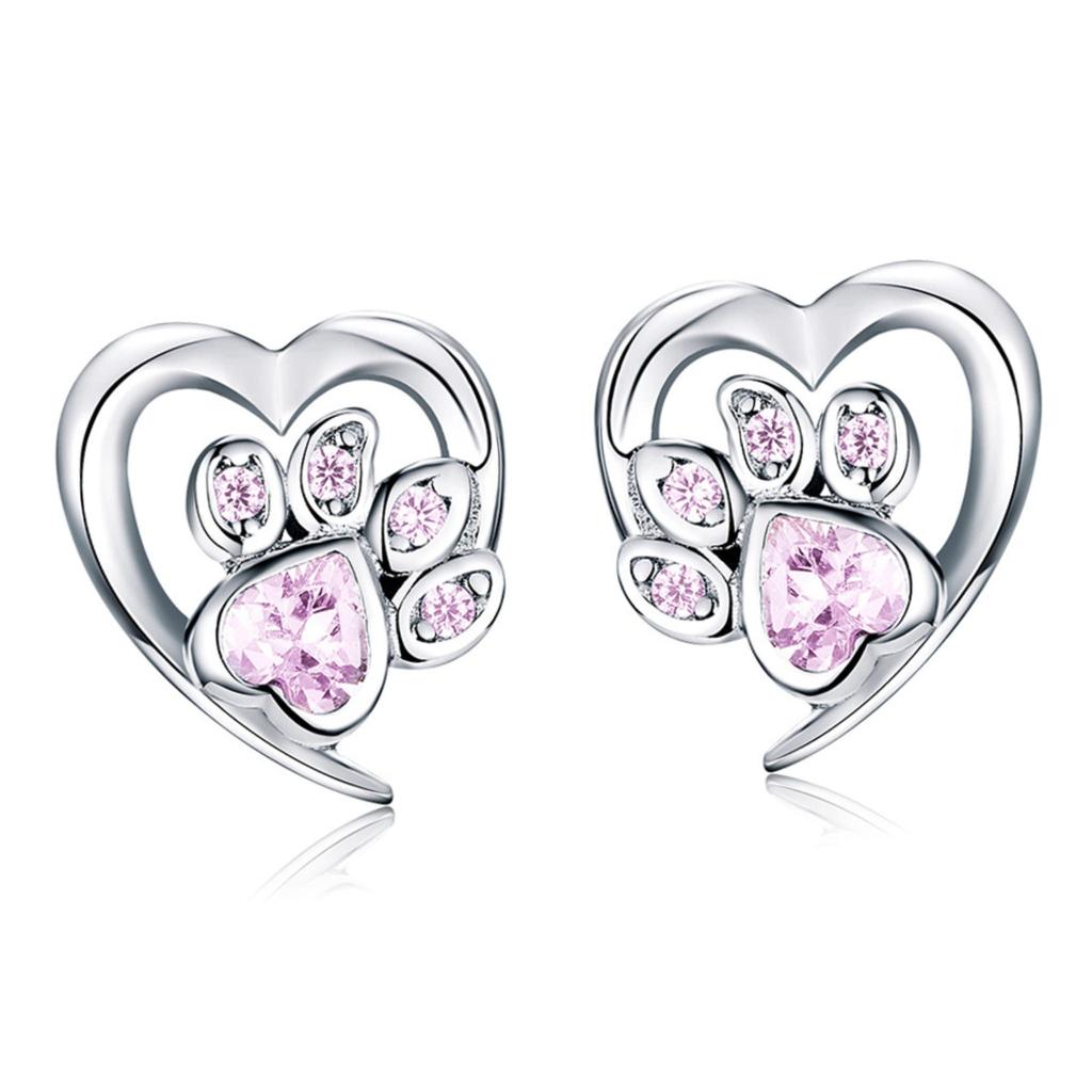 Silver heart earrings with pink paws, 925 silver studs