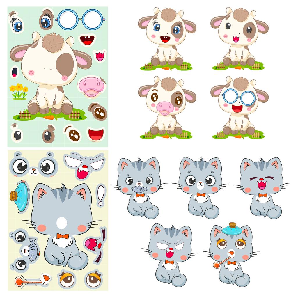 6 шт./набор Мультяшные животные Пазл Наклейки с меняющимся лицом Динозавр Собака DIY Пазл Образовательные игрушки для раннего развития