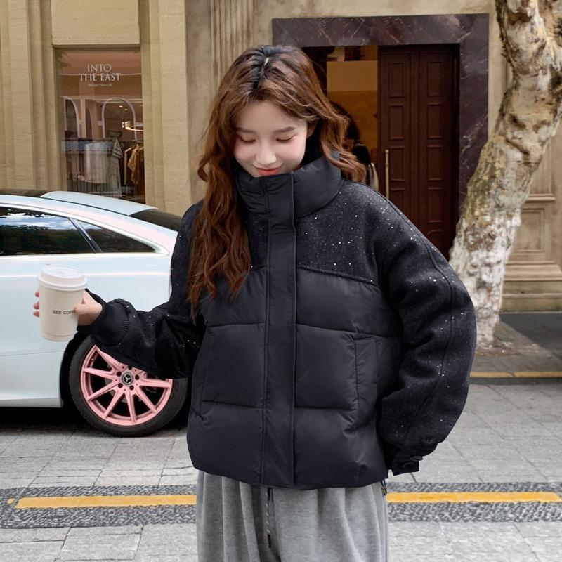 Новая модная женская куртка с хлопковой подкладкой, свободная короткая одежда с хлопковой подкладкой, свободная куртка с капюшоном и пайетками для зимы