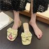 French Beach Sandals Women's 2025 New Fashion Medium Heel Thick Heel Half Drag Bow One Word Drag Outer Wear Square Head