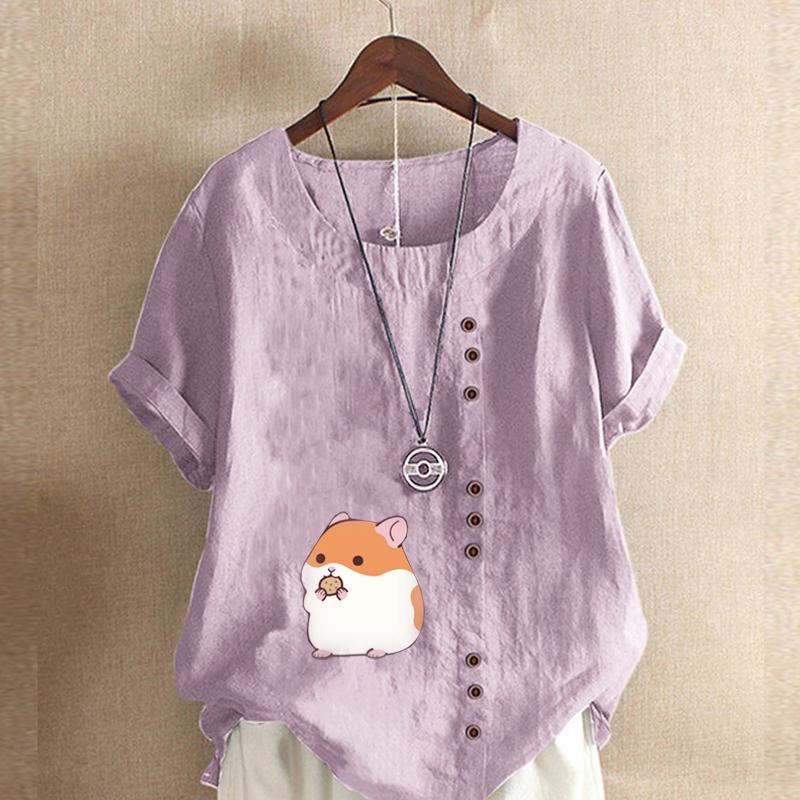 Женская модная футболка с круглым вырезом и коротким рукавом, повседневная рубашка из хлопка и льна с рисунком, свободная летняя блузка с принтом Hamster Life, топы