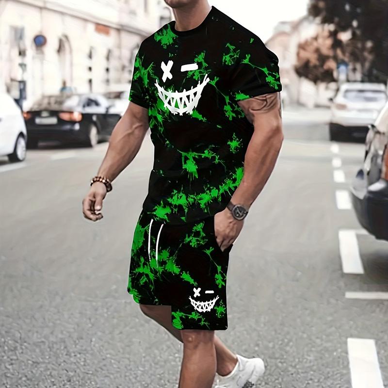 Мужской костюм, летний повседневный дышащий освежающий костюм с принтом 3D Evil Face, большой мужской свободный топ, модный с короткими рукавами