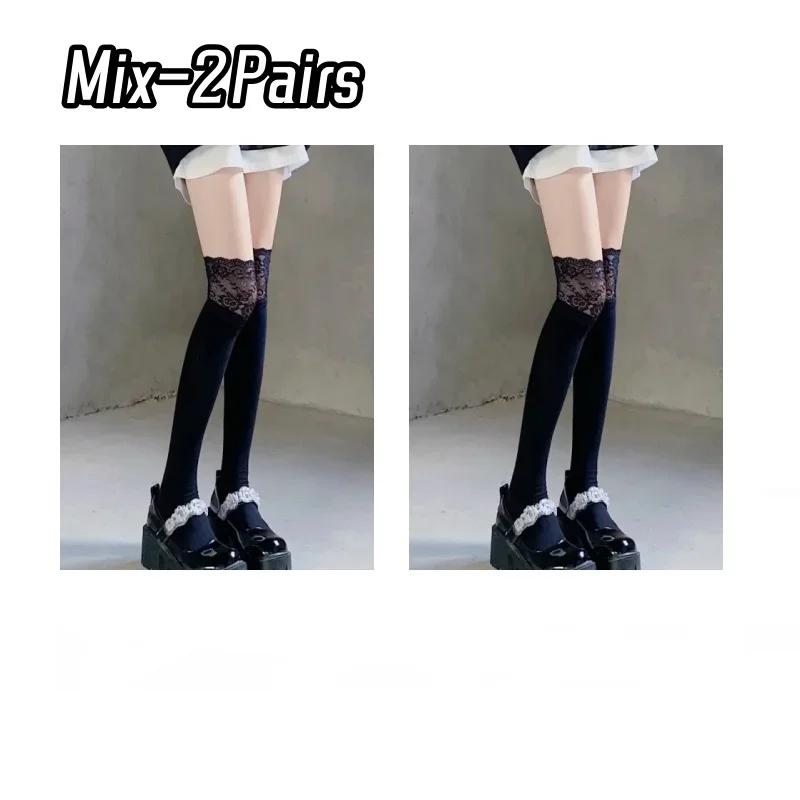 4 пары милых готических кружевных белых черных бантов для девочек Y2k, чулки для косплея, женские сетчатые носки в японском стиле Лолита до колена, длинные носки