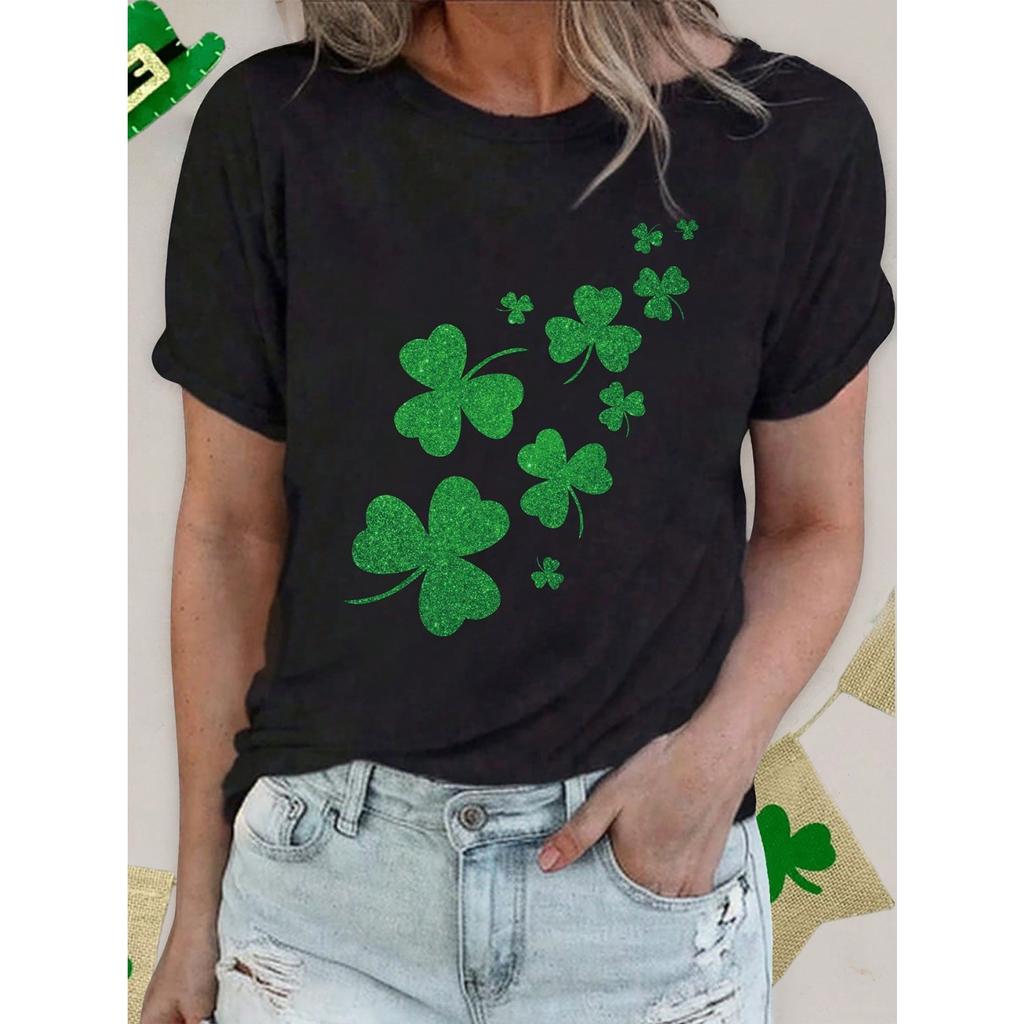 SHEIN LUNE St. Праздник Святого Патрика Блестящая Ирландская Клеверная Печать Повседневная Футболка Большого Размера С Круглым Вырезом Для Женщин Большого Размера, На Лето