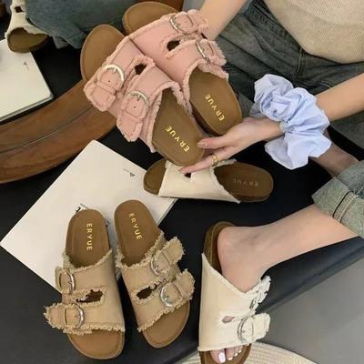 Французская ретро пряжка ремня джинсовые тапочки женские с кисточками повседневные шлепанцы женские летние для улицы отпуска пляжная обувь женские сандалии