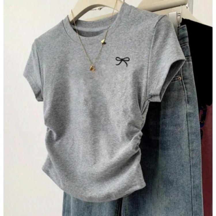Korean Version Summer T-shirt Slim Fit Plus Size Waist Cinching Top New Shoulder Short Sleeved Slimming Effect Versatile Chubby