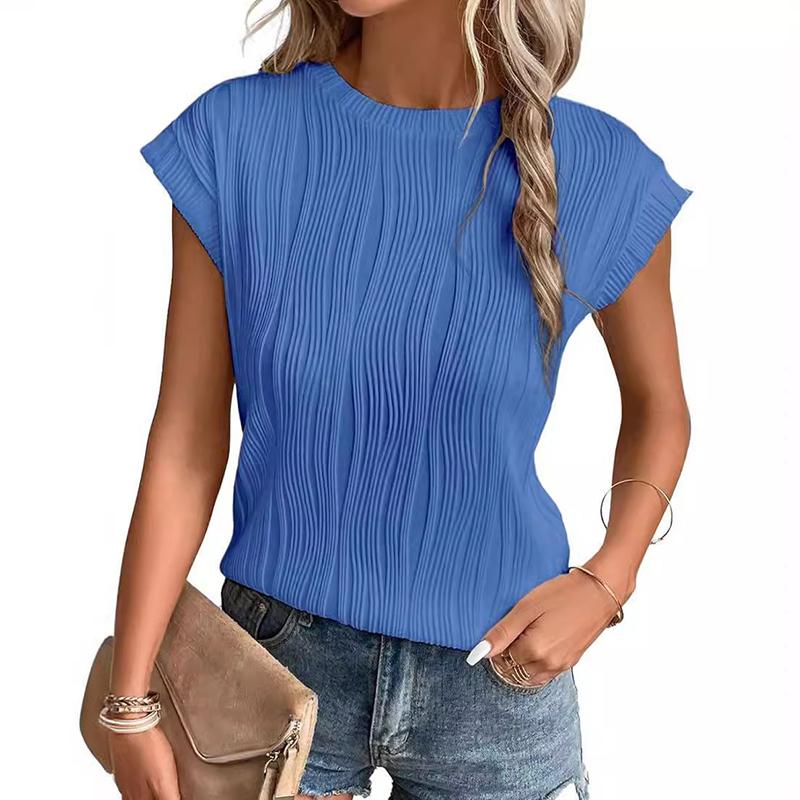 Женская летняя плиссированная футболка с круглым вырезом и коротким рукавом, однотонная, с коротким рукавом, повседневная модная футболка, дышащая, легкая, удобная, для работы и отдыха, топ