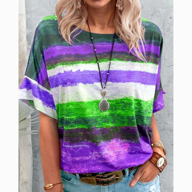 Новая летняя винтажная полосатая повседневная футболка с коротким рукавом, женские топы, модная элегантная футболка больших размеров, женская футболка с круглым вырезом, простая офисная футболка 24526