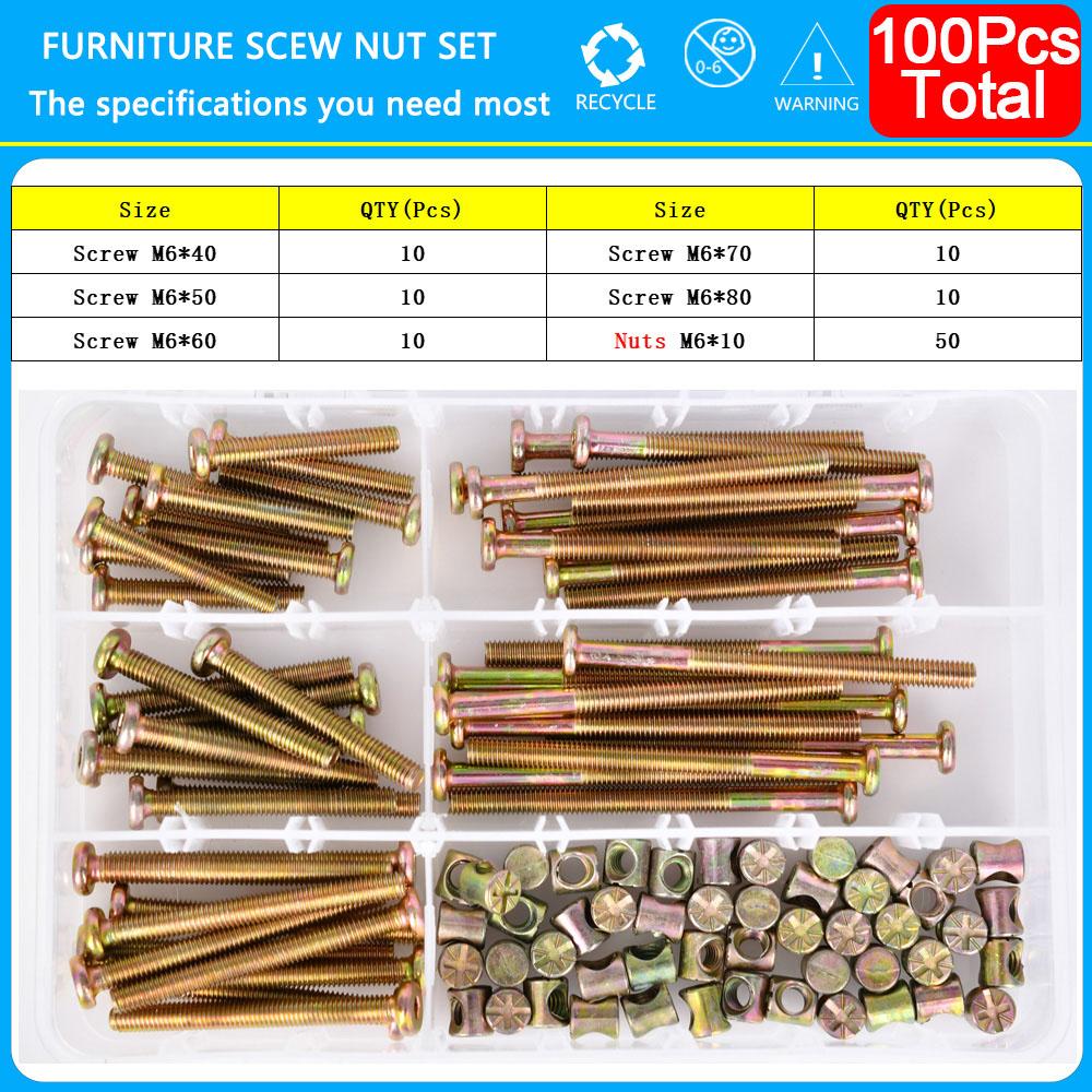 Hexagon Hex Furniture Screw Nut Set Zine M6 Threaded Bolts Phillips Nuts Wood Bed Chair Desk Table Crib Screws Assortment Kit