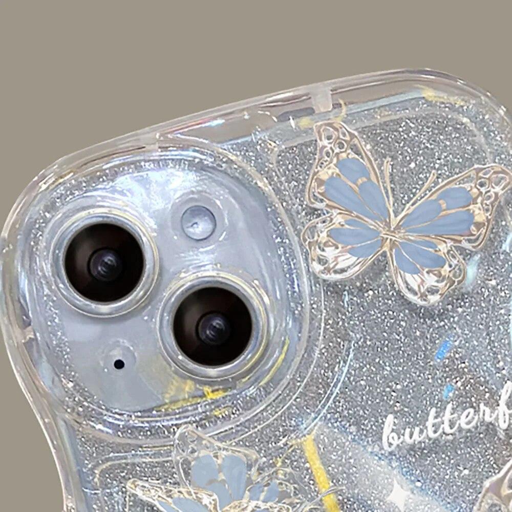 Роскошный прозрачный мягкий чехол с бабочкой и блестками для iPhone 15 14 13 12 11 Pro Max XR XS X 7 8 Plus, силиконовый чехол с ремешком-цепочкой