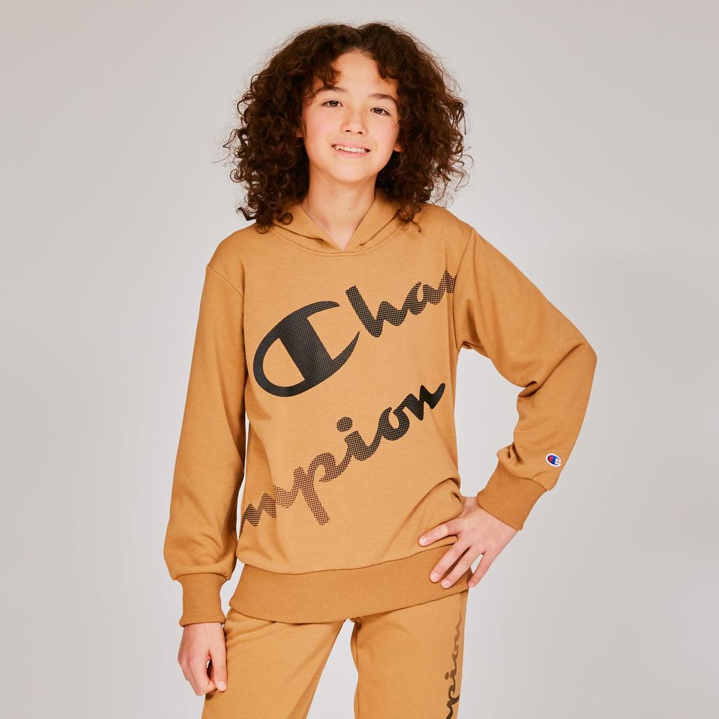Champion Long Sleeve Fleece Hooded Sweatshirt with Rubber Schoolboy Mocha Kids' Print, CK-AS106,