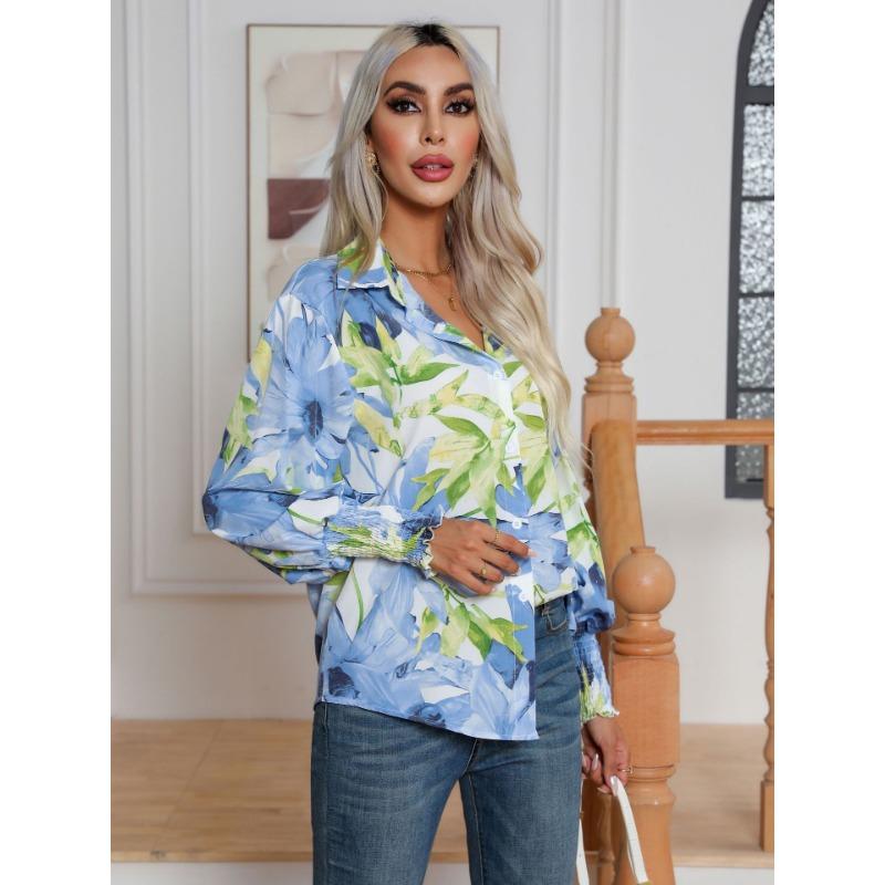 Spring and Autumn Women's Shirt Fashion Printed Lantern Sleeve Shirt Long Sleeve Shirt