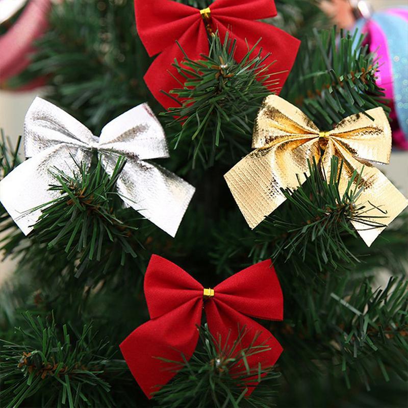 12PCS 5Cm Bow Christmas Decorations New Year Holiday Party Red Gold Silver Tree Bowknots Bows Xmas Ornament Party Home Navidad