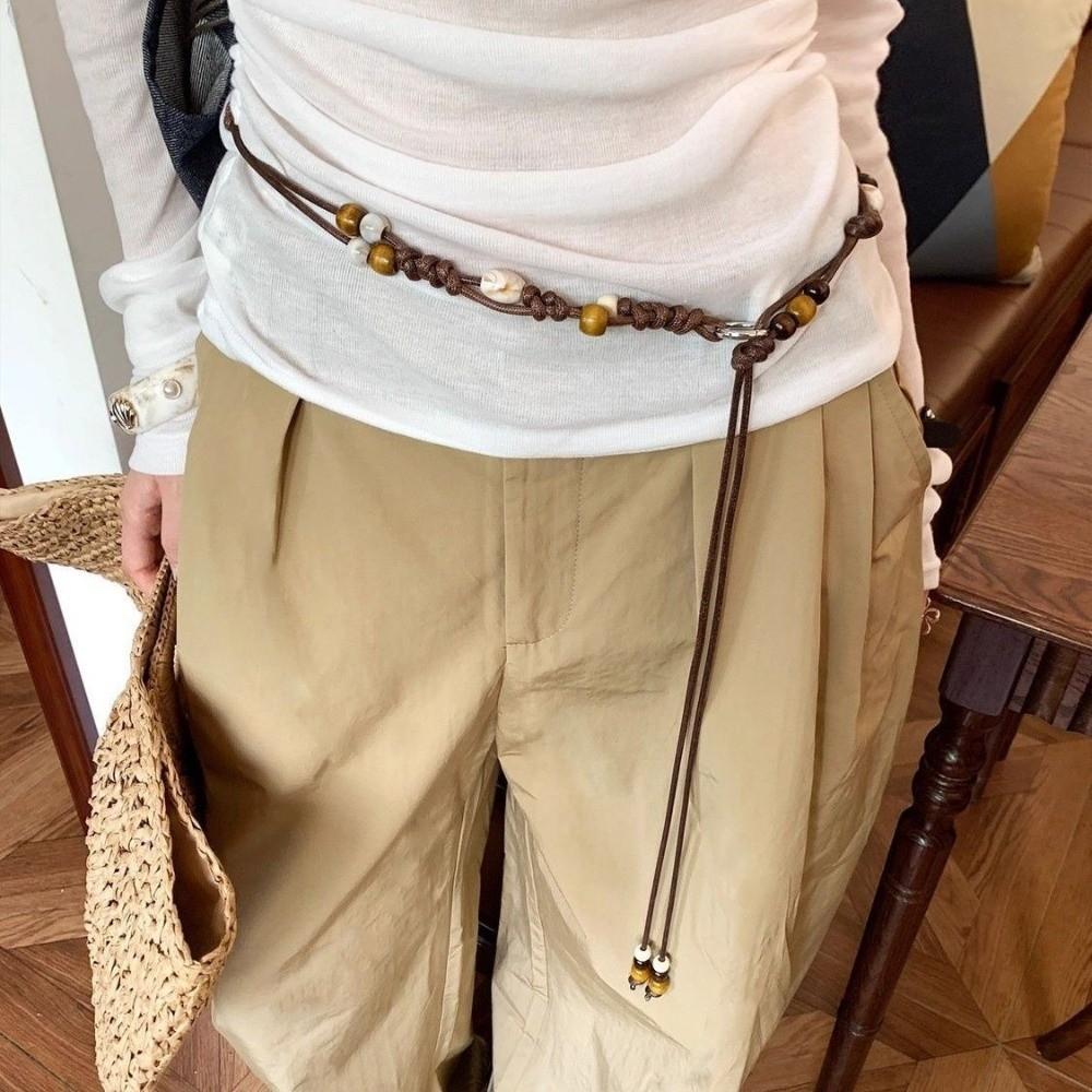 Wooden Bead Decorative Waist Belt Adjustable Slenderizing Waist Rope for Dress and Jeans