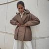 Women's Lapel Cotton Jacket Winter Thickening Waist Cotton Solid Color Belt Cotton Jacket