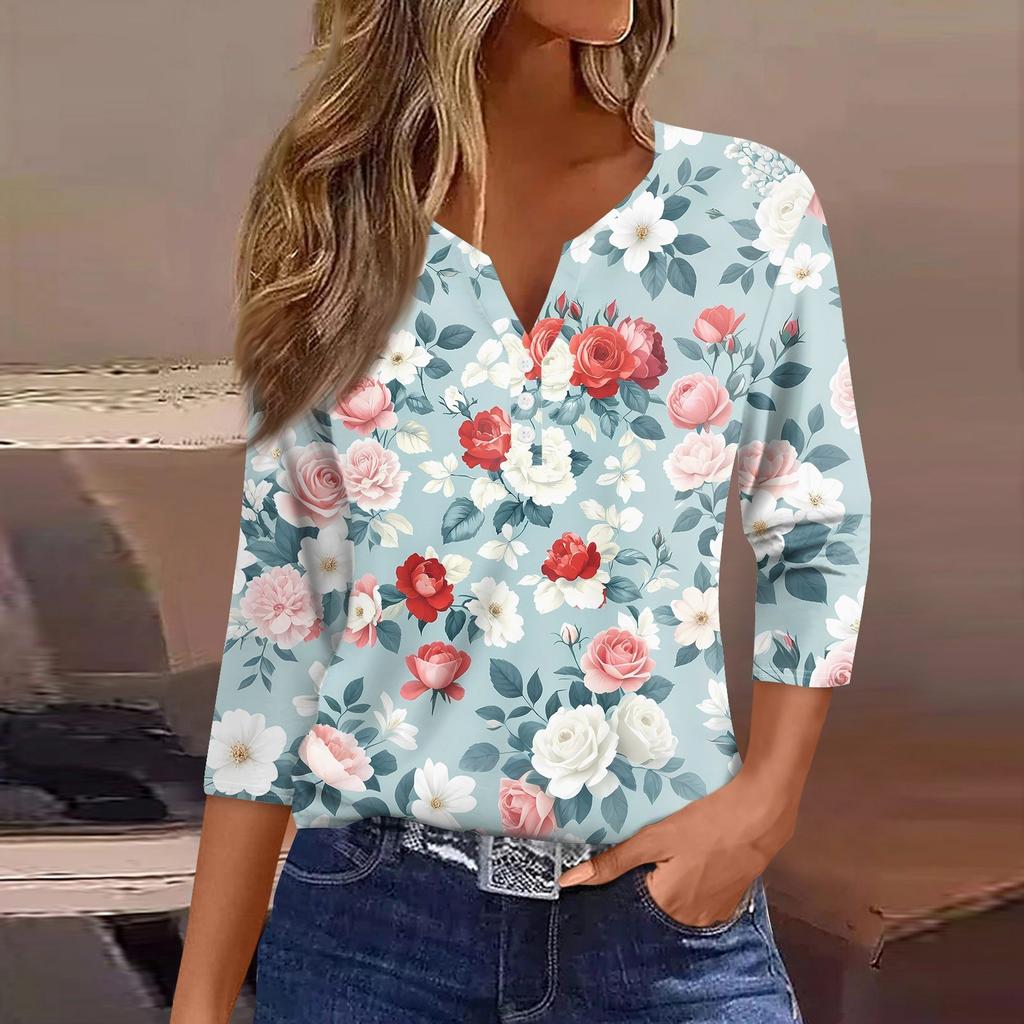 Жен. Футболка С принтом Пуговицы Рукав 3/4 Повседневные Выходные Мода Классический Классический V-образный вырез Обычный Верх