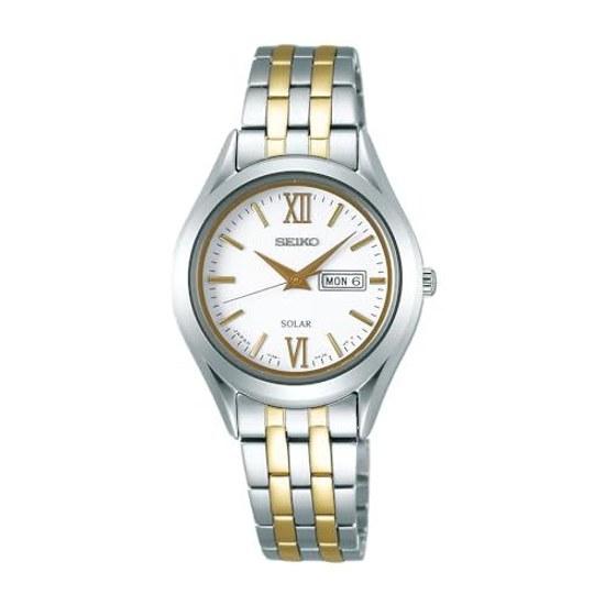 SEIKO SELECTION STPX033 женские наручные часы сделано в Японии на солнечной батарее парные сапфировое стекло календарь даты и дней серебристый желтое золото белый циферблат нержавеющая сталь