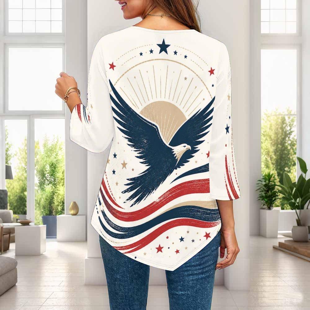 Womens Plus Size Casual Three Quarter Sleeve Blouse Pointed Hem Soft Breathable Daily Ladies Outfit Top