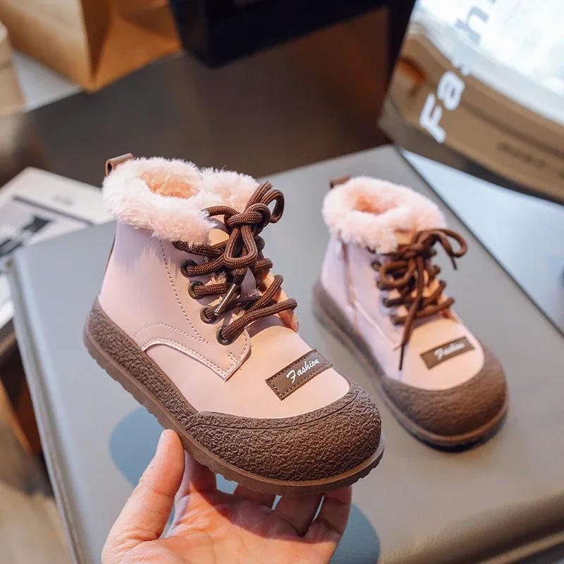 Детские зимние ботинки, новые бархатные утолщенные хлопковые ботинки для мальчиков и девочек, высокие нескользящие детские милые водонепроницаемые хлопковые ботинки