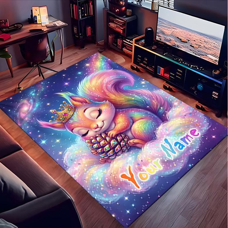 1PC Custom Name Rainbow Squirrel Majesty Theme Floor Mat Ideal for Living Room, Game Rooms, Office, Bedroom,Floor Mat Playful Design
