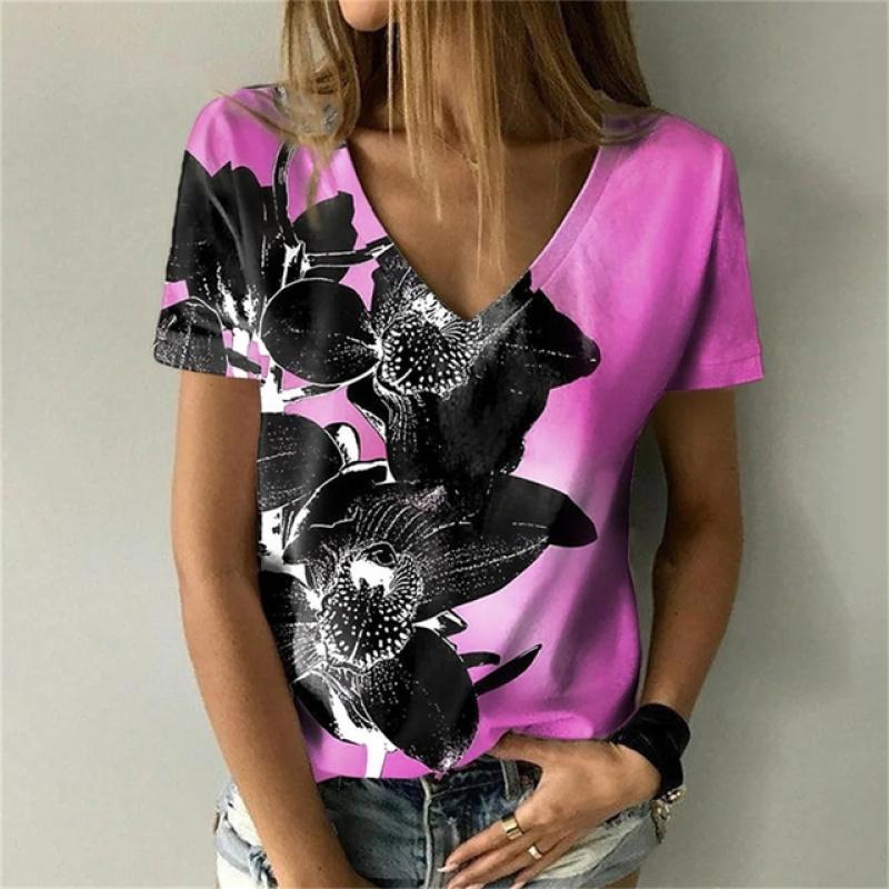 Versatile Sexy V-neck Women's T Shirt Flower 3D Print Summer Short Sleeve Fashion Street Harajuku Comfortable Ladies Tee Casual