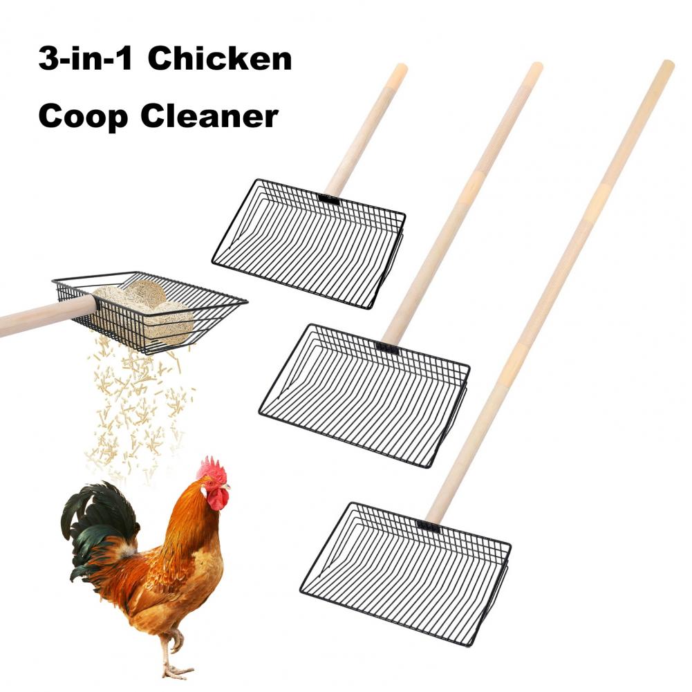 3-in-1 Large Chicken Poop Scooper Stainless Steel Chicken Cleaning Shovel with Wooden Handle Litter Scoop Poultry Waste Remover
