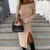 Women Bodycon Dress Off Shoulder Long Sleeve Slit Hem Slim Fit Tight Party Midi Dress Solid Color Hip Wrapped Dress