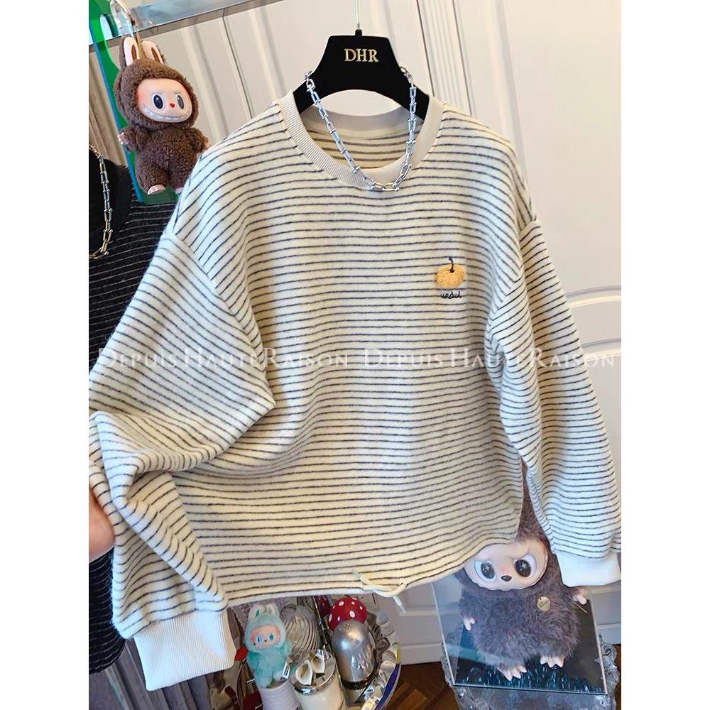 Korean Style Embroidered Pumpkin Stripe Long Sleeve Women's Plus Size Casual Top
