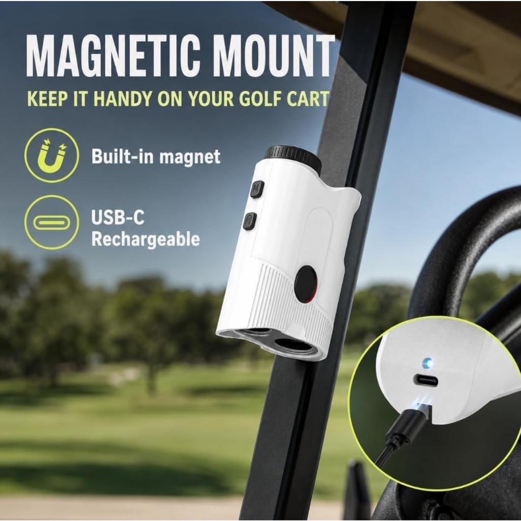 Golf Rangefinder with Slope, 1200 Yards Rechargeable Range Finder with Flag Lock Vibration, Magnetic Mount, 7° Field of View, USB-C Golf Distance