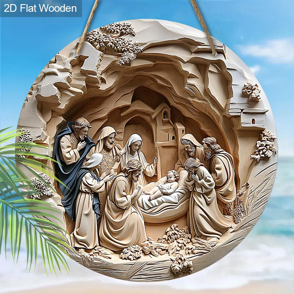 Nativity Wooden Christmas Sign - Jesus Navidad Round Sign for Front Door Wall Hanging Decor - Ideal Christmas Gift