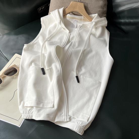 Летний женский жилет, пальто с капюшоном и шнурком, сплошной цвет, приталенный эластичный подол, боковые карманы, кардиган на молнии, мягкий дышащий повседневный спортивный жилет