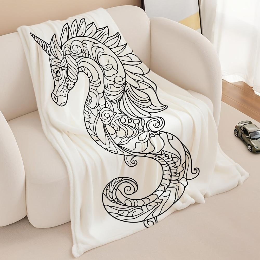 Unicorn Seahorse Print Flannel Throw Blanket Soft Cozy Fleece for Bed Sofa Camping and Travel All Season Creative Gift